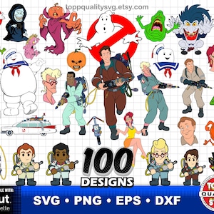 May include: A digital art collection featuring various characters and elements from the Ghostbusters franchise. Includes the Ghostbusters logo, Stay Puft Marshmallow Man, Slimer, and other iconic figures. The text "100 DESIGNS" is also present.