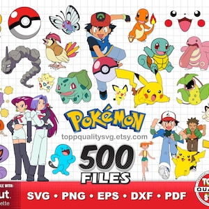 May include: A collection of digital graphic files featuring various Pokémon characters, including Pikachu, Ash Ketchum, and Team Rocket, with the text Pokémon 500 FILES and toppqualitysvg.etsy.com displayed on a white grid background.