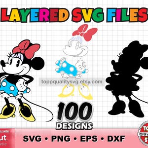 Op de afbeelding: Een digitaal ontwerp met Minnie Mouse in drie stijlen: full color, outline en silhouet. Het ontwerp bevat de tekst "LAYERED SVG FILES" en "100 DESIGNS". Compatibel met Cricut- en Silhouette-machines. De bestandstypen zijn SVG, PNG, EPS en DXF.
