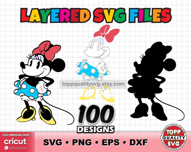 Op de afbeelding: Een digitaal ontwerp met Minnie Mouse in drie stijlen: full color, outline en silhouet. Het ontwerp bevat de tekst "LAYERED SVG FILES" en "100 DESIGNS". Compatibel met Cricut- en Silhouette-machines. De bestandstypen zijn SVG, PNG, EPS en DXF.