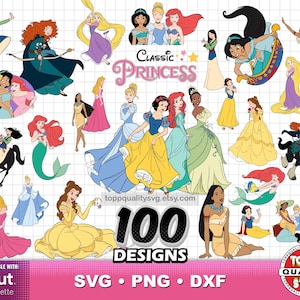 Lot de 100 cliparts princesses classiques, fournitures pour travaux manuels, fichiers svg princesse coupés pour Cricut/Silhouette, princesse de conte de fées png