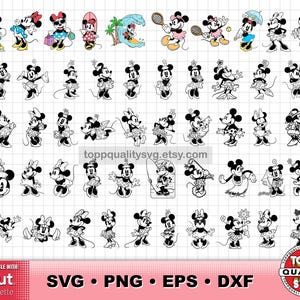 Op de afbeelding: Een verzameling zwart-wit illustraties van Minnie Mouse in verschillende poses, waaronder tennis spelen, surfen en het dragen van verschillende outfits. De afbeelding bevat de tekst "SVG &bull; PNG &bull; EPS &bull; DXF" en de Etsy shopnaam.