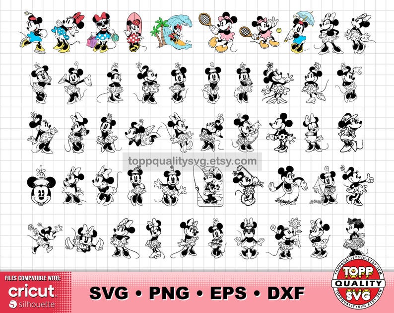 Op de afbeelding: Een verzameling zwart-wit illustraties van Minnie Mouse in verschillende poses, waaronder tennis spelen, surfen en het dragen van verschillende outfits. De afbeelding bevat de tekst "SVG &bull; PNG &bull; EPS &bull; DXF" en de Etsy shopnaam.