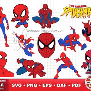 Puede incluir: Una colección digital de ilustraciones de Spider-Man con varias poses, una máscara y el texto The Amazing Spider-Man. Los personajes están representados en rojo y azul con patrones de telaraña negros. Los formatos de archivo son SVG, PNG, EPS, DXF y PDF.