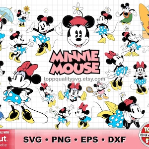 Paquete de imágenes prediseñadas clásicas de Minnie, material de manualidades imprimible, archivos de corte SVG de Minnie para Cricut/Silueta, archivos PNG de Minnie