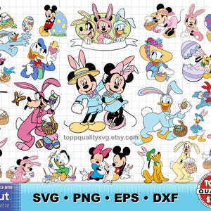 Könnte beinhalten: Eine Sammlung farbenfroher Zeichentrickfiguren, darunter Micky und Minnie Maus, Donald Duck und Goofy, in Oster-Outfits. Die Charaktere sind mit Ostereiern, Körben und Hasenohren dargestellt. Der Text "SVG • PNG • EPS • DXF" ist enthalten.