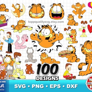May include: A collection of 100 Garfield-themed designs in SVG, PNG, EPS, and DXF formats. The image features various illustrations of Garfield, Odie, and other characters, in orange, yellow, and black. The designs are compatible with Cricut and Silhouette machines.