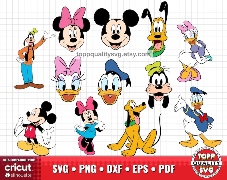 May include: A collection of cartoon character graphics, including Mickey Mouse, Minnie Mouse, Donald Duck, Daisy Duck, Goofy, and Pluto. The characters are in various poses and expressions. The image includes the text "toppqualitysvg.etsy.com" and file compatibility information.