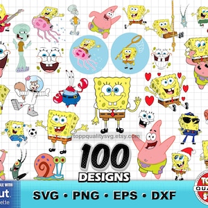 Spongebob 100 clipartbundel, afdrukbare ambachtelijke levering, cartoon svg-bestanden knippen voor Cricut / Silhouette, Sponge Bob png-, dxf-, eps-bestanden