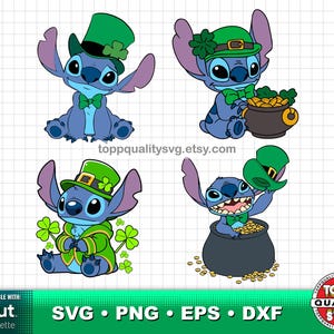 May include: Four cartoon images of a blue alien character, each wearing St. Patrick's Day attire. One image shows the character with a green top hat, another with a pot of gold, and two others with green shamrocks and hats. The images are suitable for SVG, PNG, EPS, and DXF files.