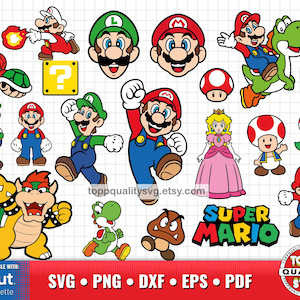 Könnte beinhalten: Eine Sammlung farbenfroher Super Mario Bros. Charaktere und Symbole, darunter Mario, Luigi, Yoshi, Prinzessin Peach und Bowser. Das Bild zeigt auch Fragezeichenblöcke, Pilze und das Super Mario-Logo. Der Text "SVG PNG DXF EPS PDF" ist enthalten.