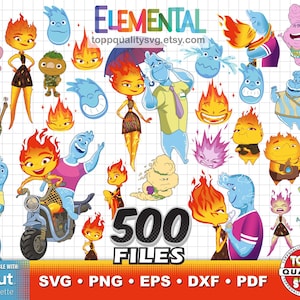 May include: A digital collection of character illustrations featuring fire and water figures in various poses, including riding a motorcycle and holding umbrellas. The text ELEMENTAL, toppqualitysvg.etsy.com, 500 FILES, and file formats are visible.