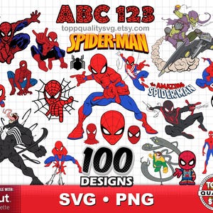 Puede incluir: Una colección de diseños digitales con temática de Spider-Man. La imagen presenta varias ilustraciones de Spider-Man en poses de acción, junto con otros personajes y elementos. El texto incluye "ABC 123", "SPIDER-MAN", "100 DISEÑOS" y "SVG • PNG".