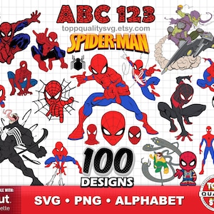 May include: A digital collection of 100 Spider-Man themed graphic designs featuring various poses of the character, Venom, and Green Goblin. The image includes the text ABC 123, SPIDER-MAN, 100 DESIGNS, and the URL toppqualitysvg.etsy.com on a grid background.