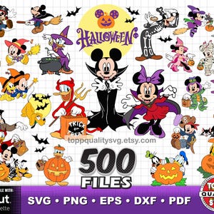 Könnte beinhalten: Eine digitale Sammlung von Halloween-Illustrationen mit verschiedenen Zeichentrickfiguren in Kostümen, darunter Vampire, Hexen und Mumien, mit Kürbissen, Fledermäusen sowie dem Text Halloween und Trick or Treat auf einem weißen Rasterhintergrund.