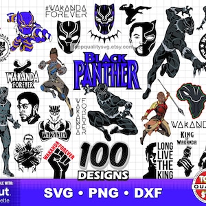 Pacote com 100 cliparts do Pantera Negra, materiais para artesanato, arquivos de corte SVG do Pantera Negra para Cricut/Silhueta, PNG de super-heróis, arquivos DXF