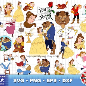 May include: A collection of colorful digital illustrations featuring characters and elements from Disney's "Beauty and the Beast." Includes Belle in various dresses, the Beast, and other iconic characters. The image also includes the text "Beauty and the Beast."