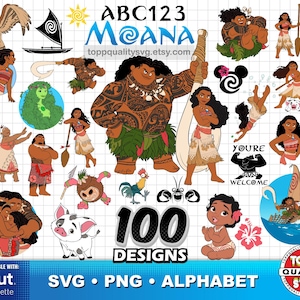 Pakiet 100 clipartów Moana + alfabet, materiały do majsterkowania, pliki do cięcia Moana SVG dla Cricut / Silhouette, pliki Moana PNG, natychmiastowe pobieranie