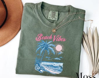 Beach Vibes T-Shirt, Tropical Summer Tee, Palm Tree Ocean Shirt, Coastal Vacation Top, Comfort Colors Beach Graphic T-Shirt