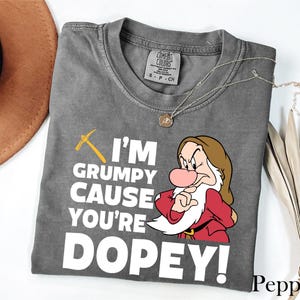 May include: A gray Comfort Colors t-shirt with the text "I'M GRUMPY CAUSE YOU'RE DOPEY!" and a cartoon image of Grumpy from Snow White. The shirt has a crew neck and short sleeves. A gold necklace is draped across the shirt.