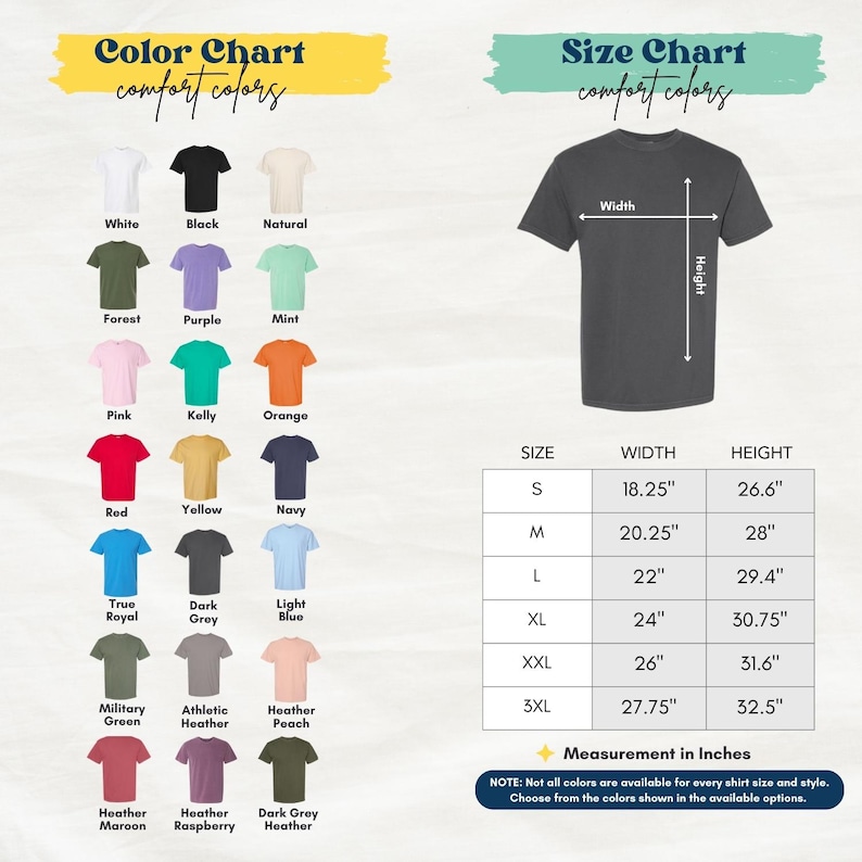 The image is a color chart and size chart for a variety of t-shirt colors and sizes. The color chart displays the different comfortable colors, while the size chart provides the corresponding widths and heights for each color.