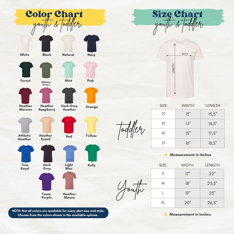The image is a color chart for youth and toddler shirts, displaying various color options and corresponding measurements for different age groups.