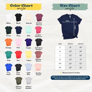 The image is a color chart and size chart for a variety of t-shirt designs, including different colors and sizes. The chart provides a visual representation of the available color options and corresponding measurements for each design.