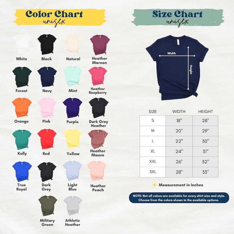 The image is a color chart and size chart for a variety of t-shirt designs, including different colors and sizes. The chart provides a visual representation of the available color options and corresponding measurements for each design.