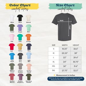 The image is a color chart and size chart for a variety of t-shirt colors and sizes. The color chart displays the different comfortable colors, while the size chart provides the corresponding widths and heights for each color.
