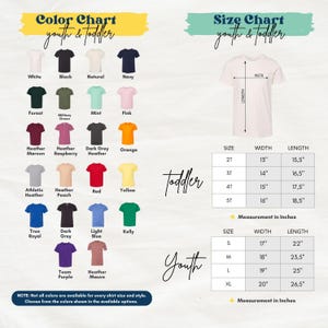 The image is a color chart for youth and toddler shirts, displaying various color options and corresponding measurements for different age groups.