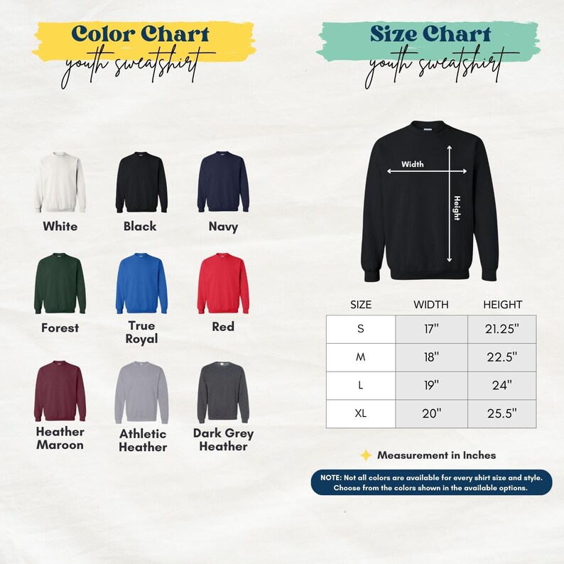 The image is a color chart and size chart for youth sweatshirts, displaying various color options and corresponding measurements for different sizes.