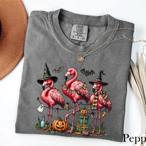 May include: A charcoal gray short-sleeve t-shirt featuring a graphic of three pink flamingos. Two flamingos wear black witch hats, one wears a striped scarf, and they are surrounded by bats, a ghost, a jack-o'-lantern, and stacked gift boxes.