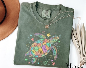 Comfort Colors Sea Turtle T-Shirt, Ocean Lover Graphic Tee, Coastal Beach Shirt, Marine Life Summer Top, Boho Vacation Turtle T-Shirt