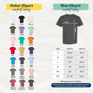 The image is a color chart and size chart for a variety of t-shirt colors and sizes. The color chart displays the different comfortable colors, while the size chart provides the corresponding widths and heights for each color.