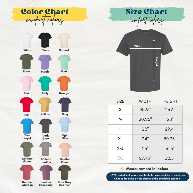 The image is a color chart and size chart for a variety of t-shirt colors and sizes. The color chart displays the different comfortable colors, while the size chart provides the corresponding widths and heights for each color.