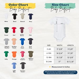 The image is a color chart and size chart for a baby bodysuit, displaying various color options and corresponding measurements in inches.