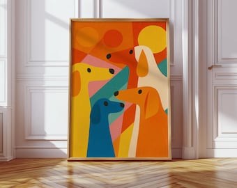 Vibrant Geometric Dog Art Print: Modern Abstract Pet Poster for Mid-Century Home Decor