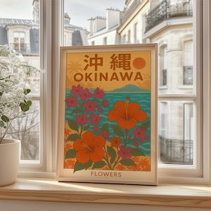 Póster vintage de hibisco de Okinawa / Arte mural floral de isla tropical japonesa / Impresión de viaje retro