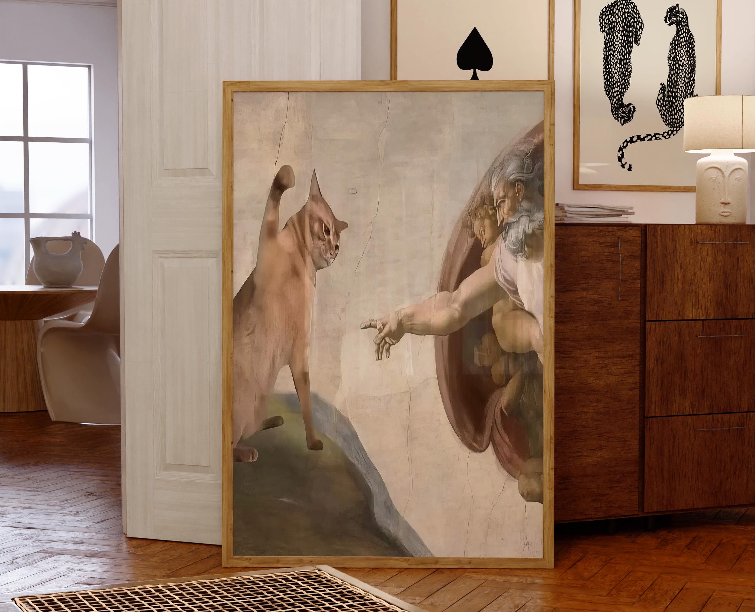 Quirky Renaissance Cat Parody: Classic Painting Humor Wall Art for Animal Lovers - Vintage Style Poster