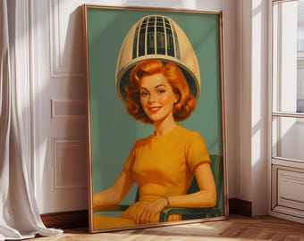 May include: A vintage style illustration of a woman with red hair wearing a yellow dress and a white hair dryer helmet. The background is a light blue-green color.