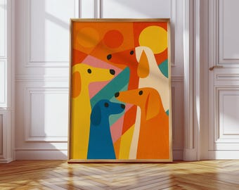 May include: A framed art print featuring a colorful, abstract illustration of five dogs. The dogs are depicted in various colors, including yellow, blue, and orange, against a backdrop of orange and yellow shapes. The artwork is displayed in a room with hardwood floors.