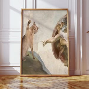 A Criação do Gato por Michelangelo: Pôster de Arte Felina Engraçado - Decoração de Parede Excêntrica para Amantes de Gatos