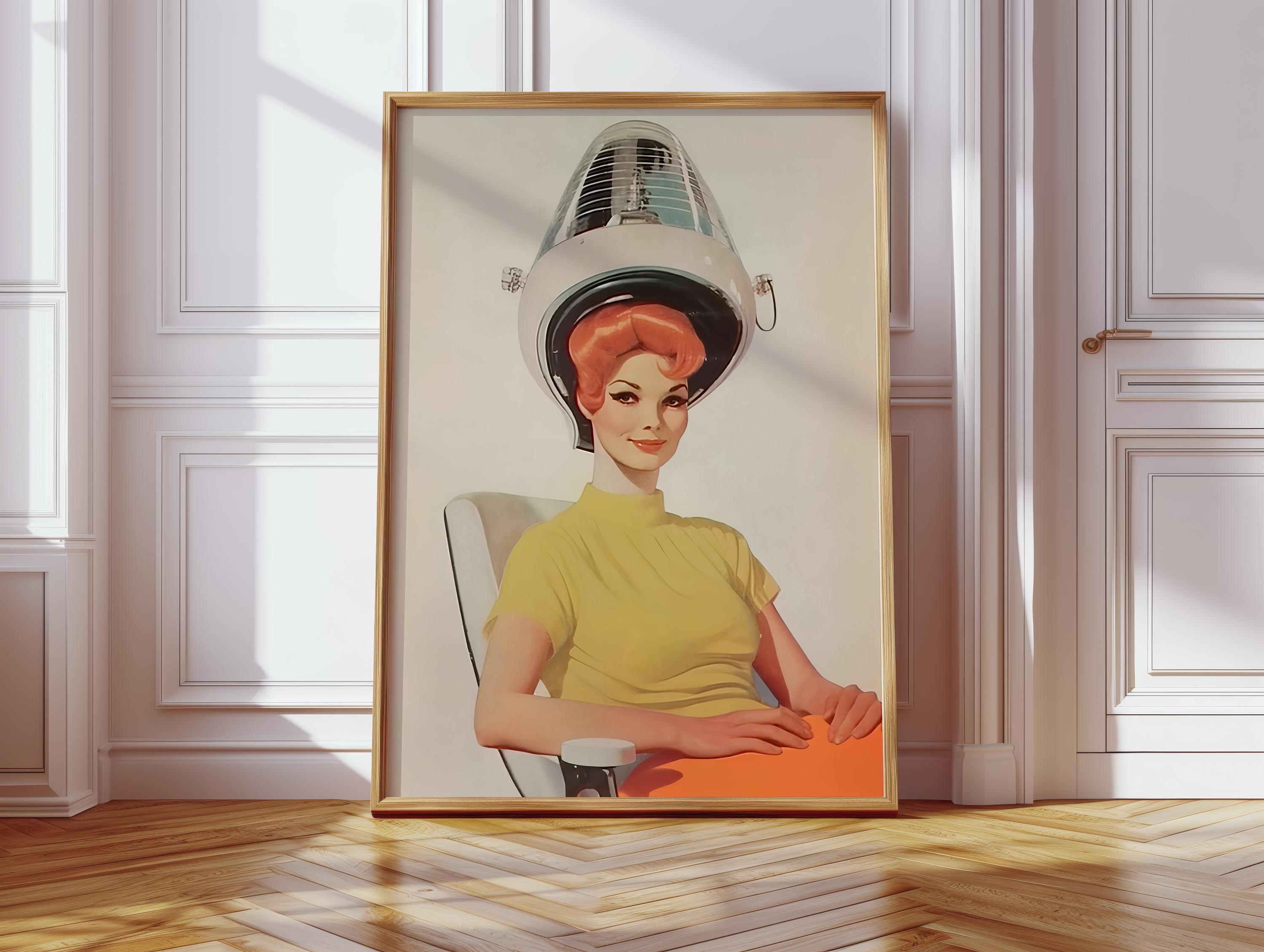 1960s Retro Salon Glamour: Vintage Hair Dryer Babe Wall Art Print - Midcentury Colorful Decor