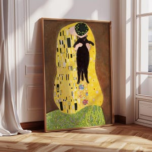 May include: A painting in the style of Gustav Klimt's "The Kiss" featuring a person and a black cat embracing. The painting is done in a gold and yellow mosaic style with green and black accents.