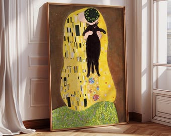 Whimsical Gustav Klimt Inspired Black Cat Art Print | Funny Modern Pet Lover Wall Decor