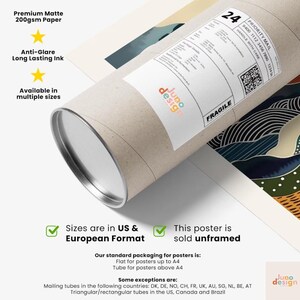 May include: A rolled poster in a cardboard tube with a label that reads "Priority Mail" and "Fragile". The poster is labeled "Juno Design". The text on the poster includes "Premium Matte 200gsm Paper" and "Anti-Glare Long Lasting Ink".