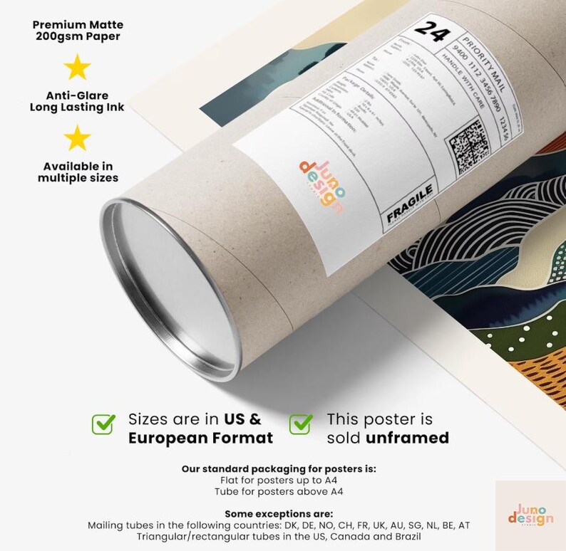 May include: A rolled poster in a cardboard tube with a label that reads "Priority Mail" and "Fragile". The poster is labeled "Juno Design". The text on the poster includes "Premium Matte 200gsm Paper" and "Anti-Glare Long Lasting Ink".