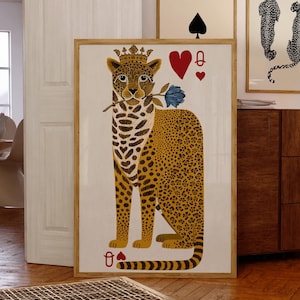 Cartes d'art élégantes reine de coeur léopard : affiche majestueuse à imprimé animal pour décoration d'intérieur jungle bohème
