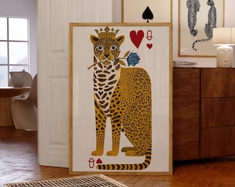 Elegant Queen of Hearts Leopard Card Art: Regal Animal Print Poster for Boho Jungle Home Decor