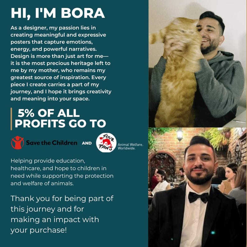 May include: A promotional graphic with the text "HI, I'M BORA" and information about the designer's work. The graphic includes images of the designer with a cat and in a formal setting. It also mentions that 5% of profits go to Save the Children and Four Paws.
